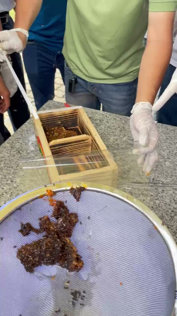 Hai người phối hợp khi thu mật ong dú